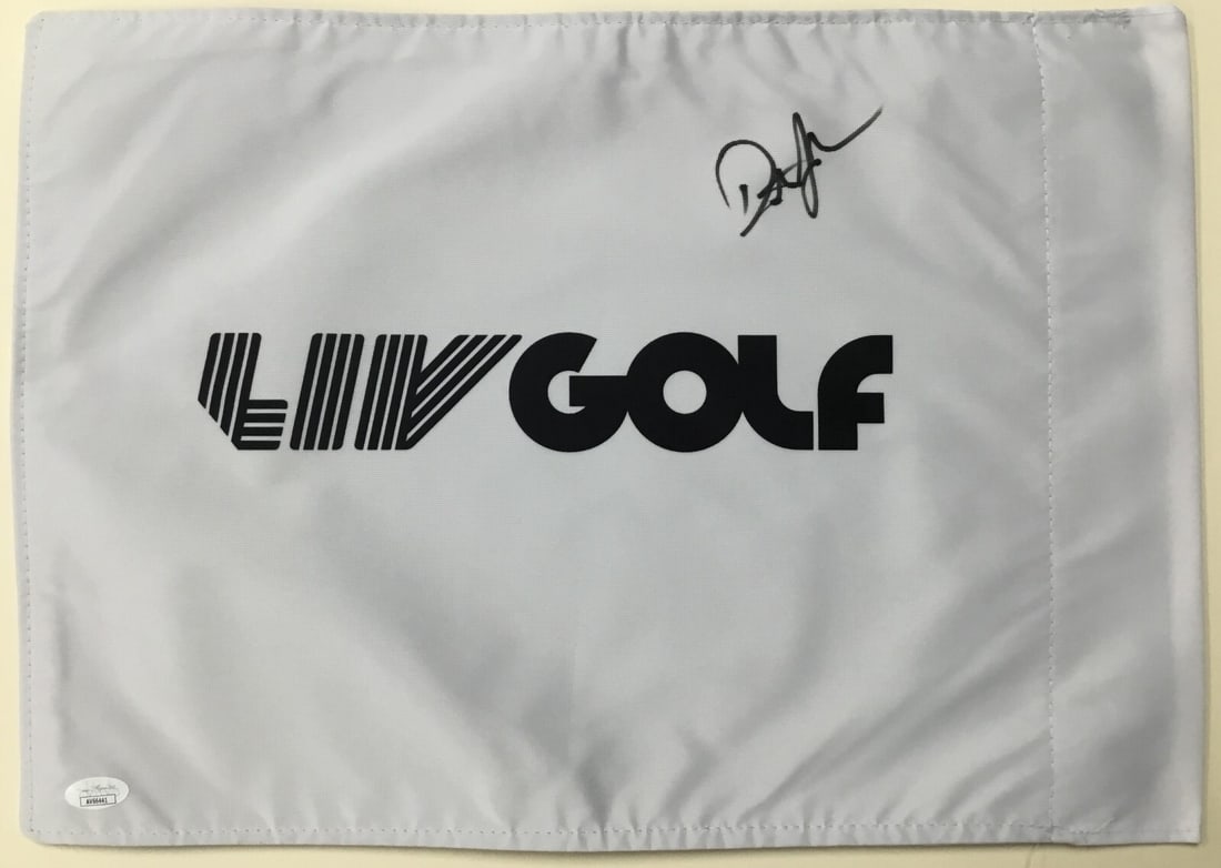 Dustin Johnson LIV 18 Signed Flag JSA Authenticated #AV66441: Dustin Johnson LIV 18 Signed Flag JSA Authenticated #AV66441 This is an official LIV 18 pin flag signed by PGA star Dustin Johnson. The autograph has been authenticated by James Spence Authentication 