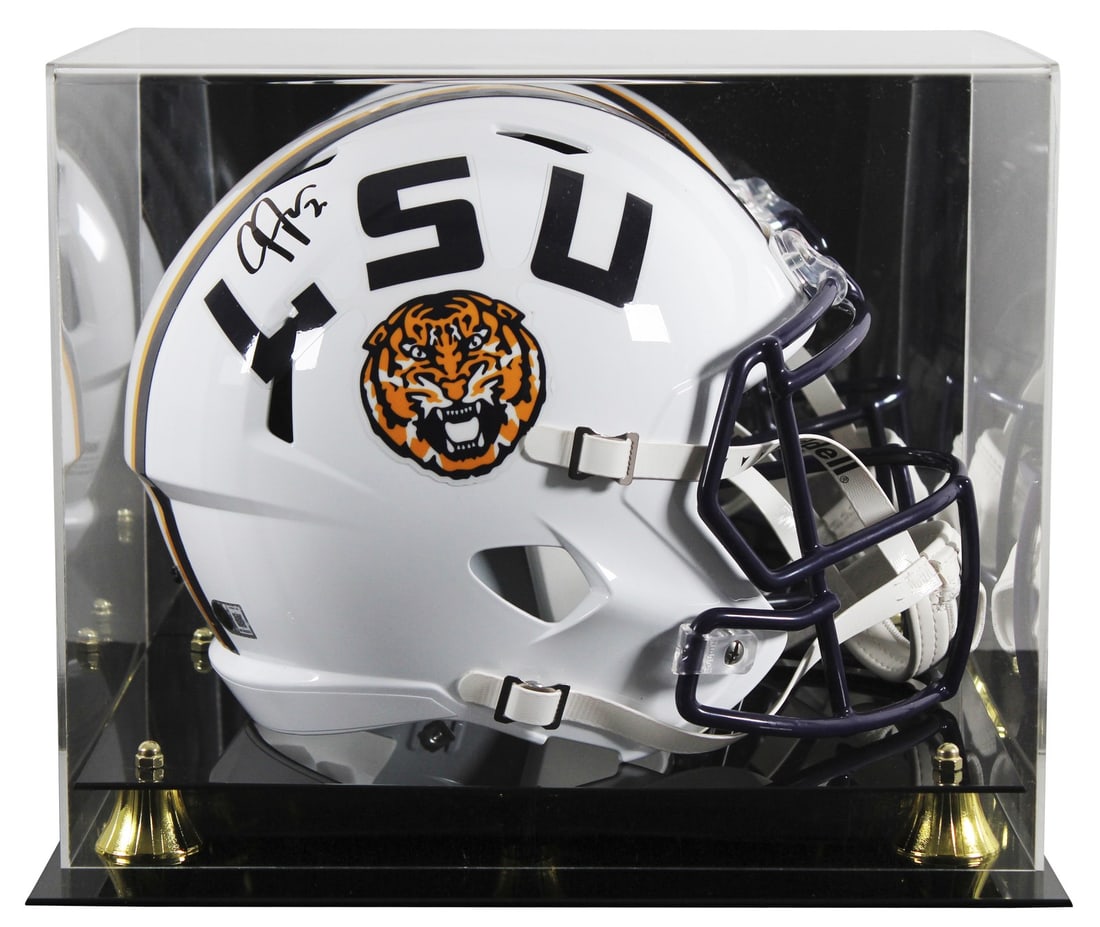 Justin Jefferson autographed LSU Speed replica helmet with display case BAS: Justin Jefferson autographed LSU Speed replica helmet with display case BAS Autographed white full size Speed replica helmet featuring Justin Jefferson and Louisiana State Tigers branding, presented w