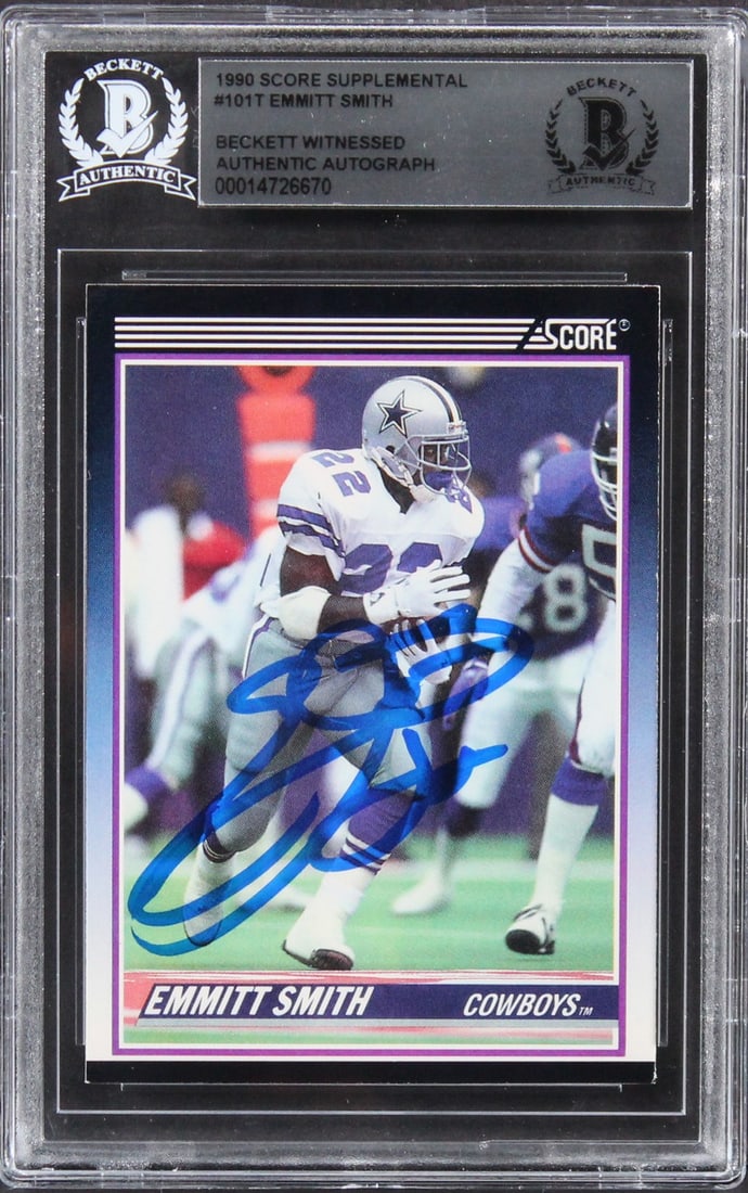 Emmitt Smith 1990 Score Supplemental Rookie Card Beckett Slabbed: Emmitt Smith 1990 Score Supplemental Rookie Card Beckett Slabbed This is an original 1990 Score Supplemental #101T rookie card personally signed by Emmitt Smith of the Dallas Cowboys. The autographed 