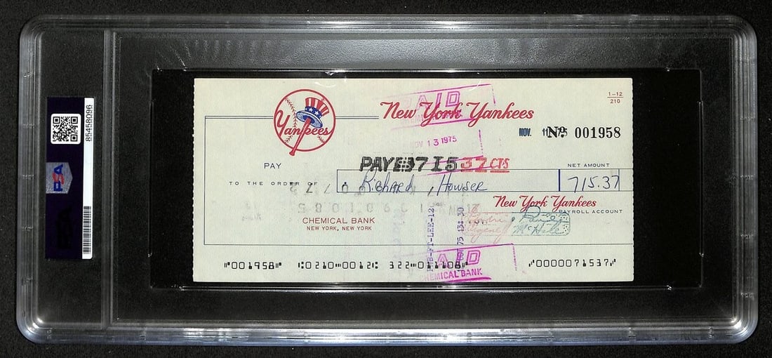 Dick Howser Autographed 1975 Yankees Payroll Check PSA/DNA 194538: Dick Howser Autographed 1975 Yankees Payroll Check PSA/DNA 194538 This item features a Dick Howser signed/autographed 1975 New York Yankees payroll bank check, prominently displaying the Yankees logo 