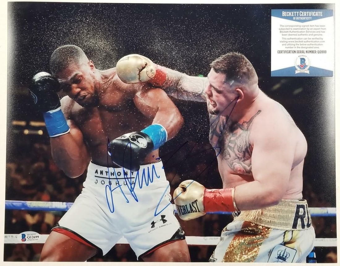 Andy Ruiz Jr signed boxing 11x14 photo with Beckett BAS COA versus Anthony Joshua: Andy Ruiz Jr signed boxing 11x14 photo with Beckett BAS COA versus Anthony Joshua This is an original 11x14 photo featuring Andy Ruiz Jr in his bout against Anthony Joshua, personally hand-signed by A