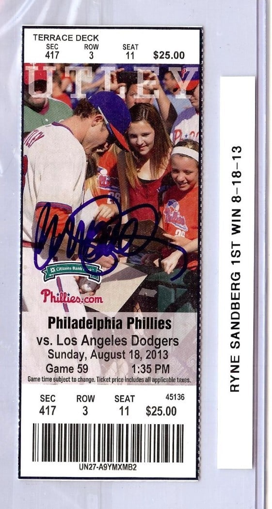 Ryne Sandberg Signed Ticket Phillies 1st Manager Win 8/18/13 JSA: Ryne Sandberg Signed Ticket Phillies 1st Manager Win 8/18/13 JSA Celebrate a significant moment in baseball history with this original ticket stub from Ryne Sandberg's first win as the manager of the 