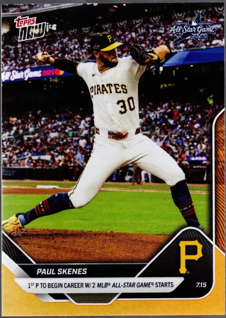 2025 Topps Now Paul Skenes #428 Orange Foil Limited Edition /25 Baseball Card: 2025 Topps Now Paul Skenes #428 Orange Foil Limited Edition /25 Baseball Card This is a 2025 Topps Now Paul Skenes #428 Orange Foil baseball card, limited to only 25 copies. The card features Paul Ske