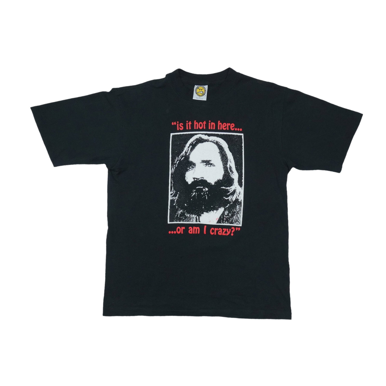 Black 1990s Charles Manson Is It Hot In Here T Shirt Large: Black 1990s Charles Manson Is It Hot In Here T Shirt Large Authentic vintage 1990s Charles Manson "Is It Hot In Here" shirt. This original single-stitch tee is a true vintage piece, not a modern repro