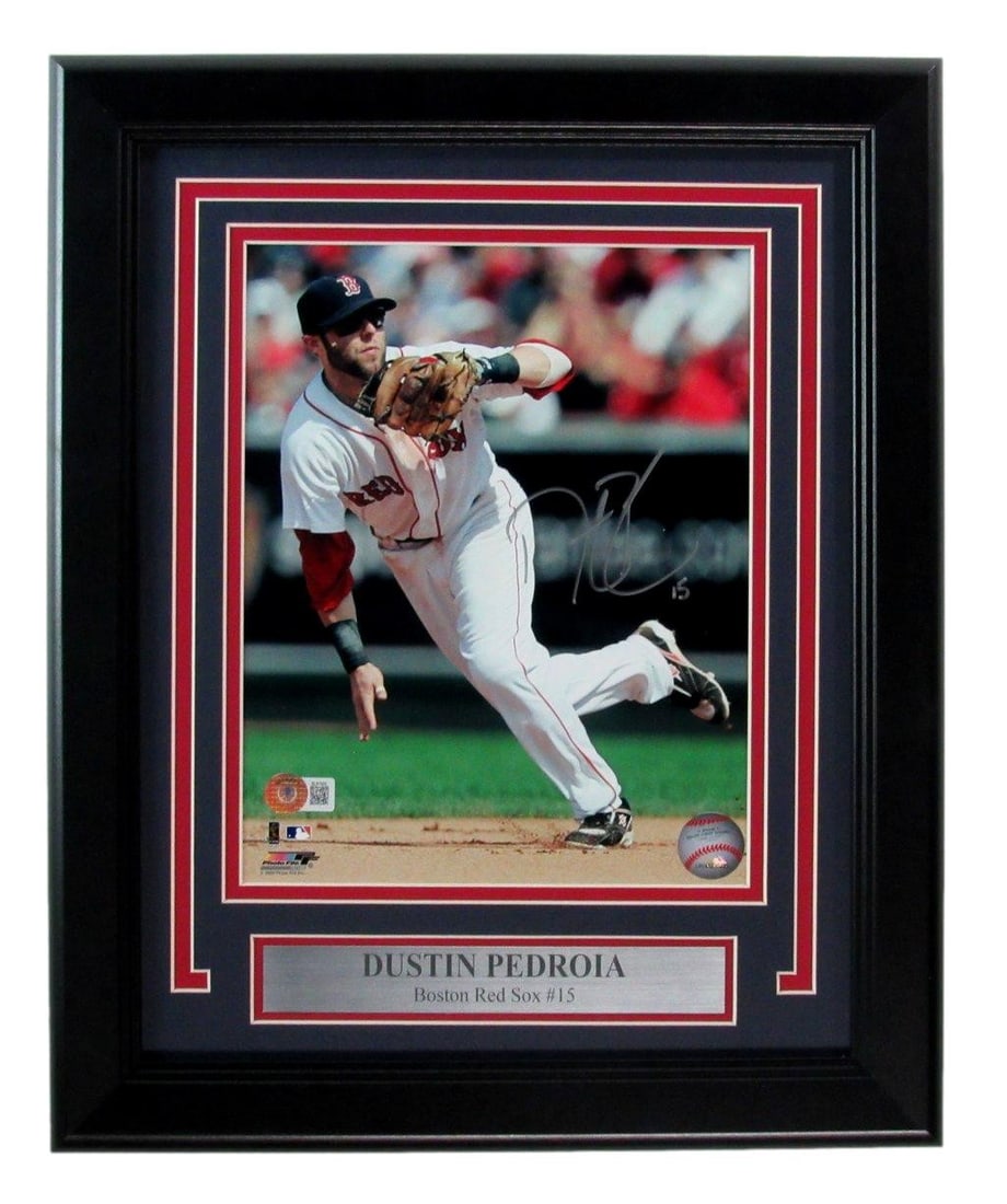 Framed Dustin Pedroia Autographed 8x10 Photograph Boston Red Sox Beckett Authenticated: Framed Dustin Pedroia Autographed 8x10 Photograph Boston Red Sox Beckett Authenticated This framed 8x10 photo features the autograph of Dustin Pedroia of the Boston Red Sox. The photo is authenticated