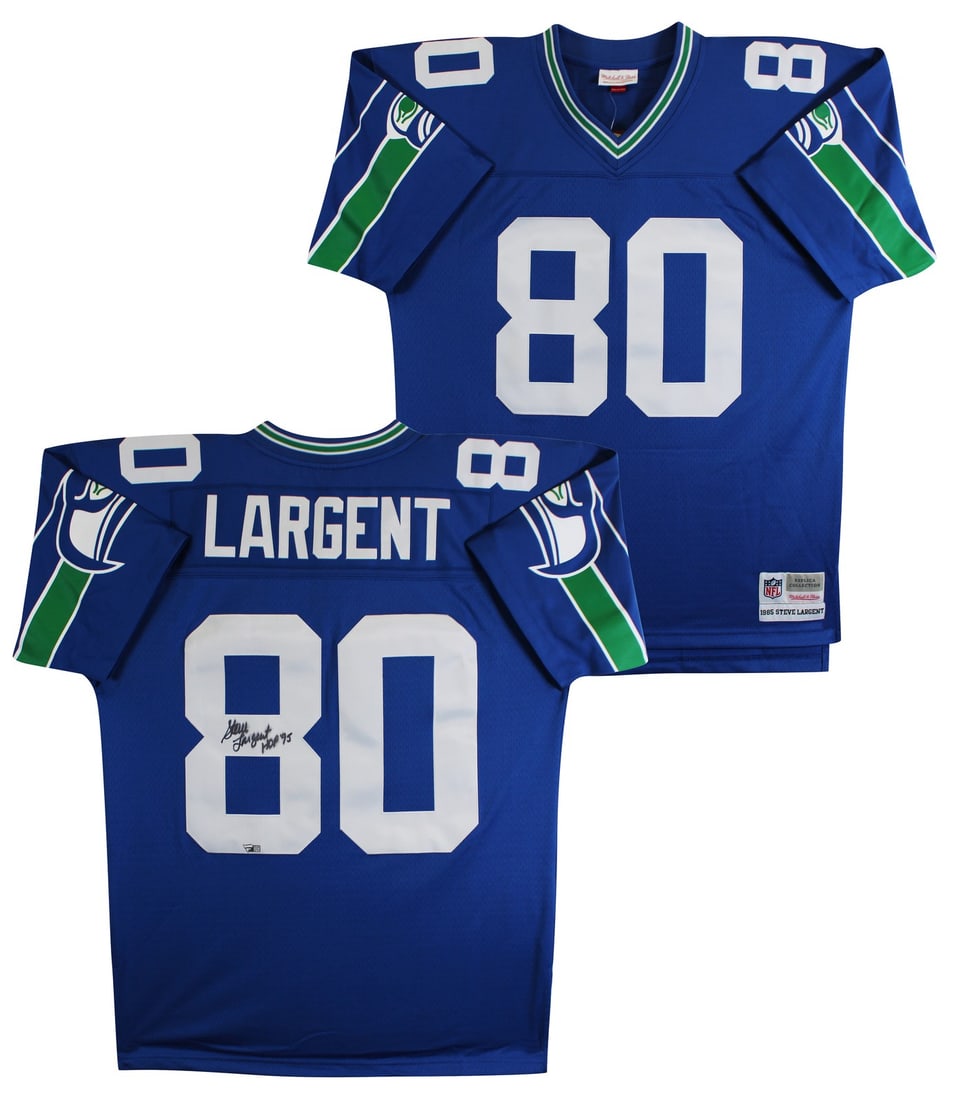 Steve Largent Signed Mitchell and Ness Seahawks Blue Jersey HOF 95 Fanatics: Steve Largent Signed Mitchell and Ness Seahawks Blue Jersey HOF 95 Fanatics Pre-owned blue Mitchell & Ness jersey personally signed by Steve Largent and inscribed "HOF 95." This original autographed S