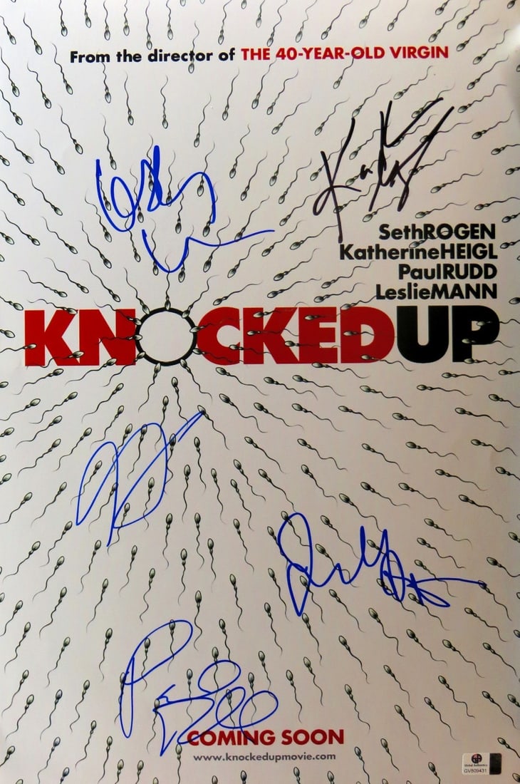 Knocked Up Cast Autographed 12x18 Photo GAI Certified Rogen Heigl Rudd Mann Apatow: Knocked Up Cast Autographed 12x18 Photo GAI Certified Rogen Heigl Rudd Mann Apatow This stunning 12X18 photograph features the autographs of the beloved cast from the hit film "Knocked Up," including 