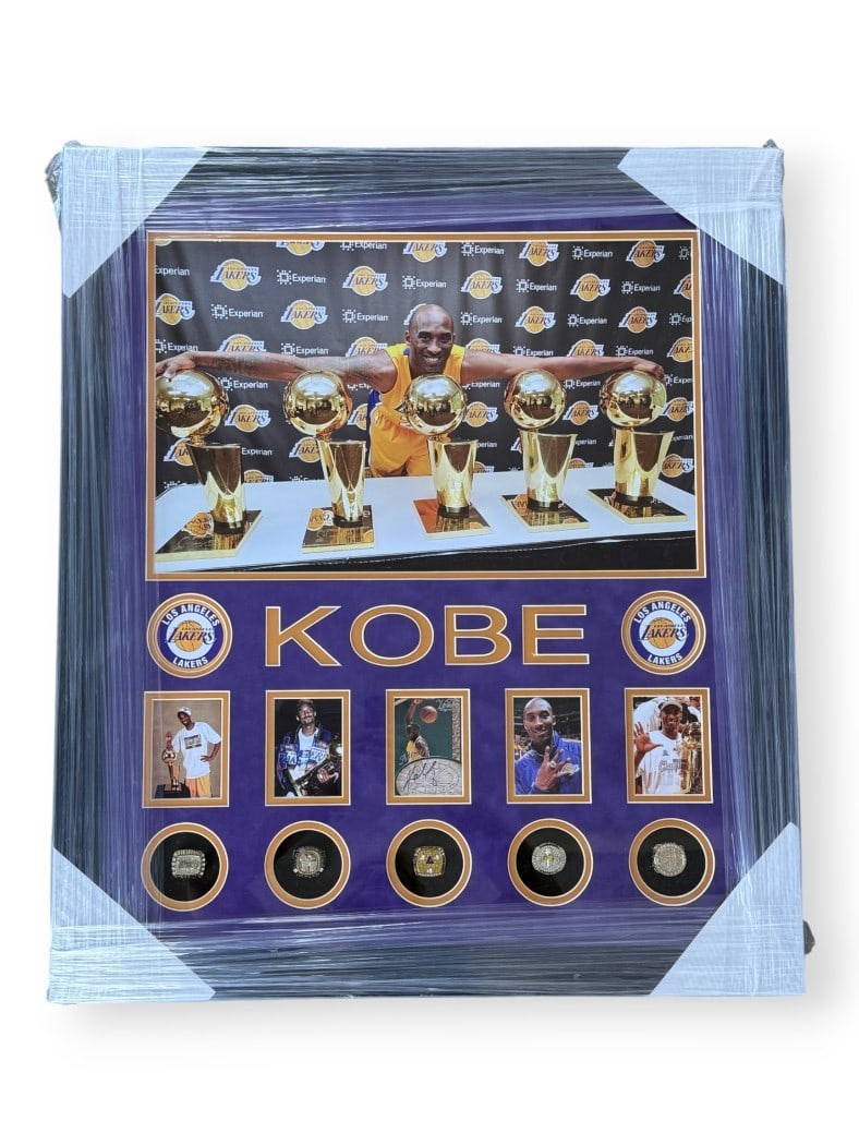 Kobe Bryant Signed Card with Framed Replica Lakers Rings: Kobe Bryant Signed Card with Framed Replica Lakers Rings This is an original autographed card of Kobe Bryant, a legendary player for the Los Angeles Lakers. The card is authenticated by the seller and