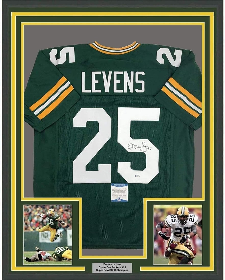 Framed Dorsey Levens Signed Green Bay Packers Jersey 35x39 Beckett COA: Framed Dorsey Levens Signed Green Bay Packers Jersey 35x39 Beckett COA Professionally framed and matted signed Dorsey Levens Green Bay Packers jersey display with two 5x7 photos. This original autogra