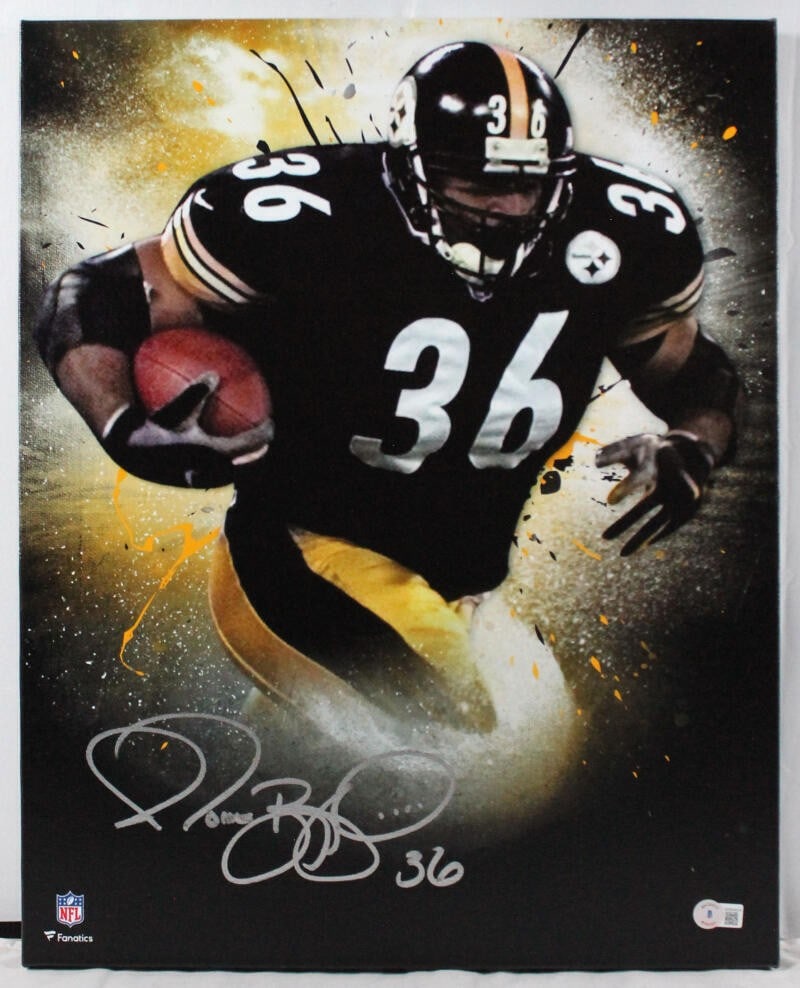 Framed 16x20 Stretched Canvas Jerome Bettis Signed Steelers Beckett Hologram: Framed 16x20 Stretched Canvas Jerome Bettis Signed Steelers Beckett Hologram Framed stretched canvas featuring Jerome Bettis and the Steelers. Signed item with Beckett hologram authentication. Pre-own