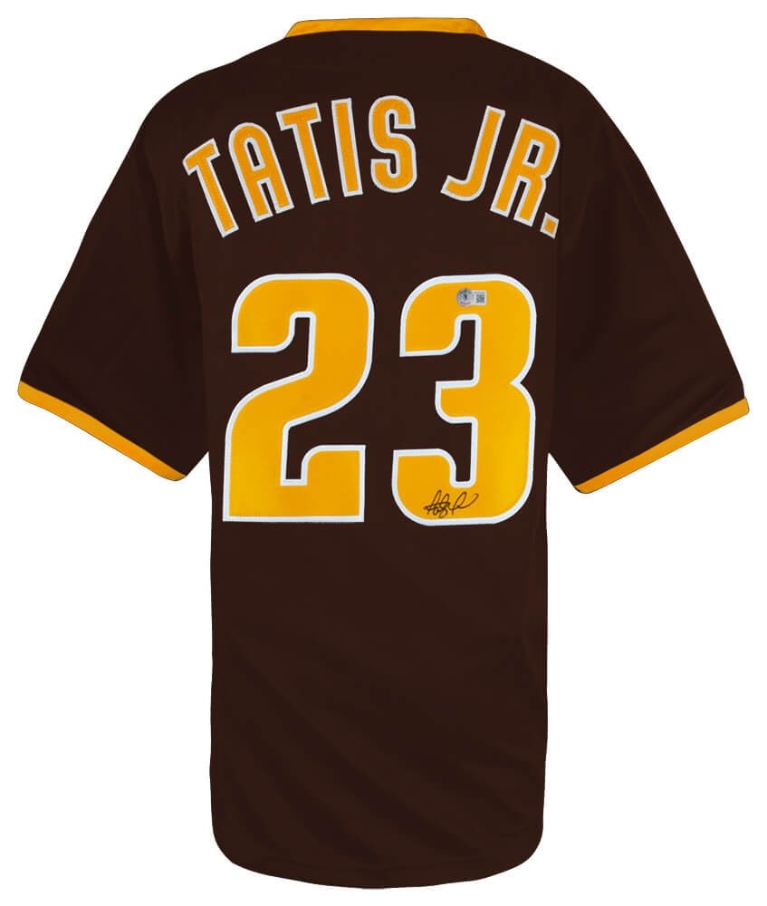 Fernando Tatis Jr. Signed Brown Custom Padres Jersey BECKETT COA: Fernando Tatis Jr. Signed Brown Custom Padres Jersey BECKETT COA This is an original signed brown custom baseball jersey from Fernando Tatis Jr., the talented player of the San Diego Padres. The jerse