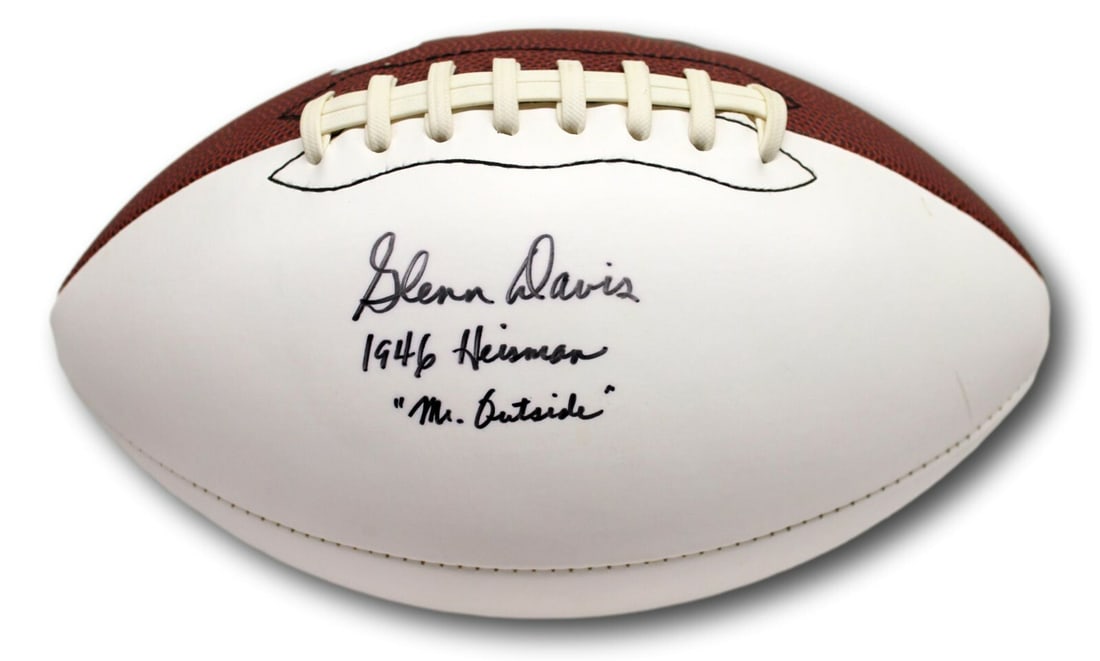 PSA DNA Authenticated Glen Davis Army Black Knights Signed Football 1946 Heisman Inscription: PSA DNA Authenticated Glen Davis Army Black Knights Signed Football 1946 Heisman Inscription This is an original football signed by Glen Davis, featuring the inscription "1946 Heisman Mr Outside."