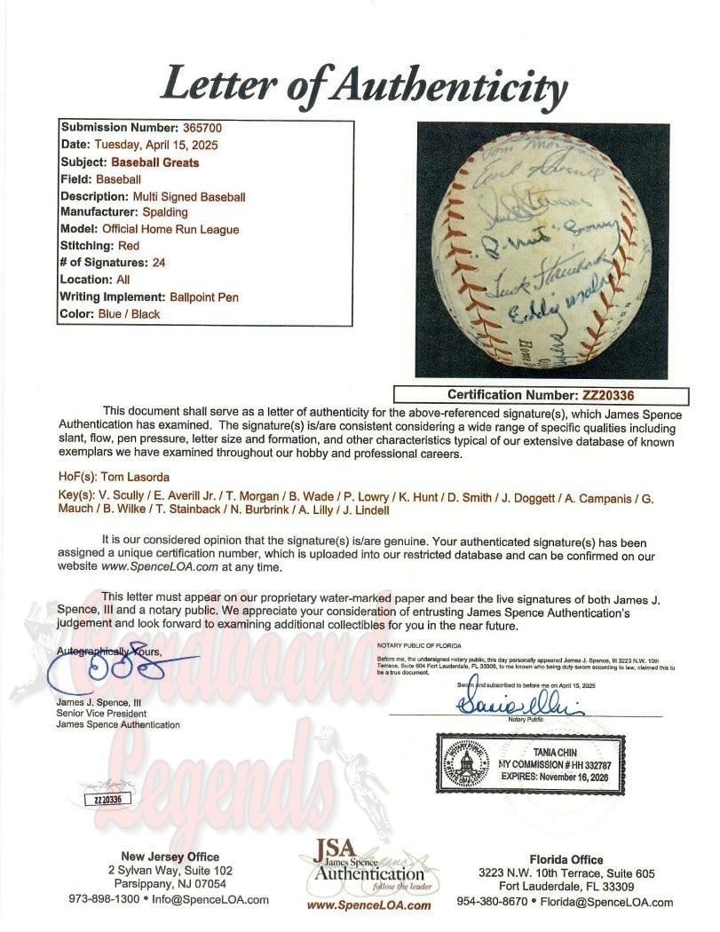Vin Scully Autographed Baseball 24 Greats JSA Authenticated - 7