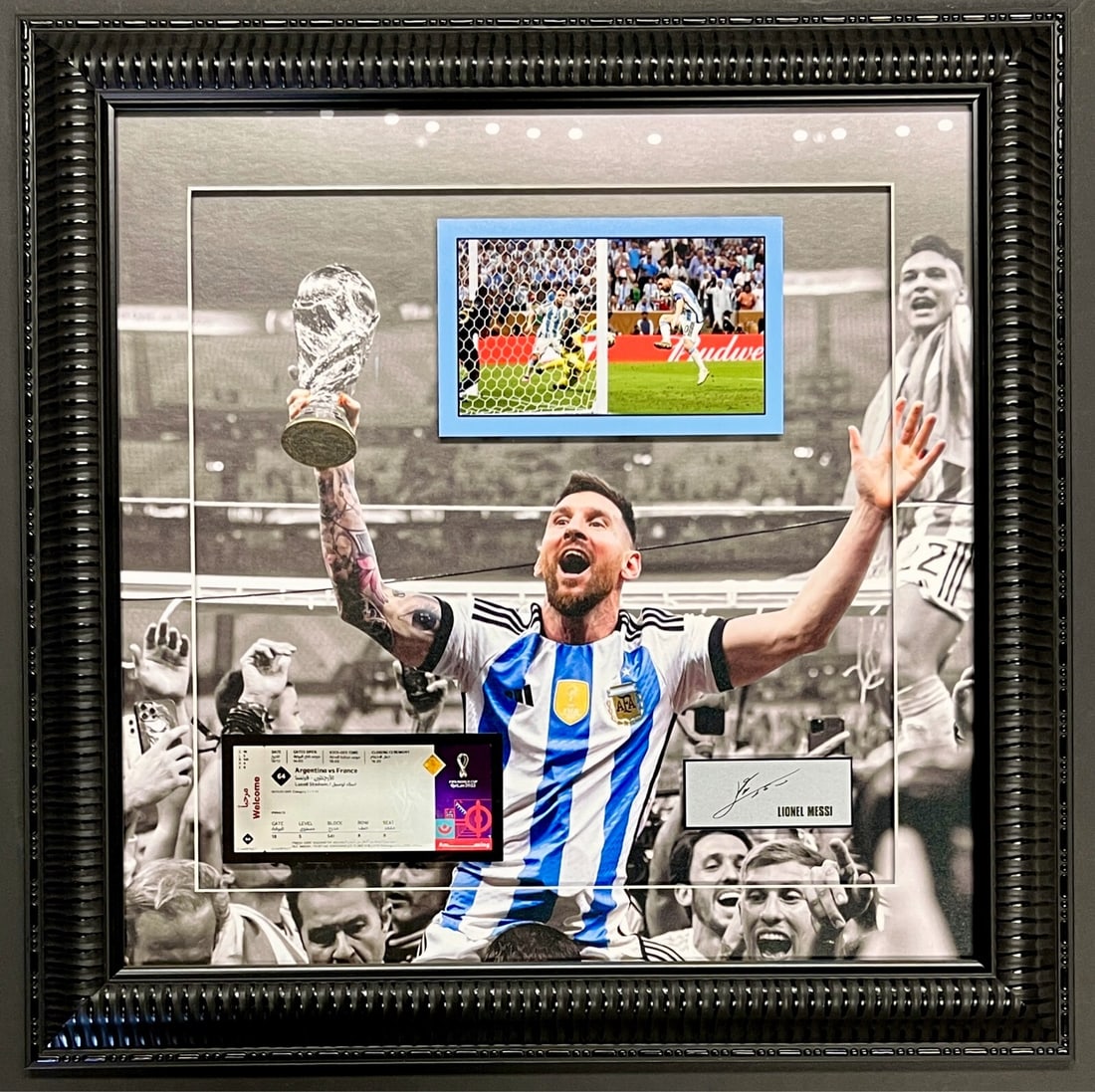 Lionel Messi Argentina Custom Framed Laser Engraved Display 25 x 24 in: Lionel Messi Argentina Custom Framed Laser Engraved Display 25 x 24 in This exceptional display features international soccer star Lionel Messi, showcasing his laser-engraved signature alongside a