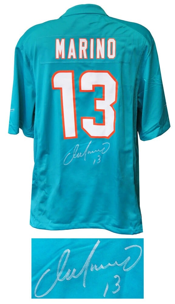 Dan Marino Signed Miami Dolphins Nike Jersey COA Hall of Fame: Dan Marino Signed Miami Dolphins Nike Jersey COA Hall of Fame Celebrate the legacy of football legend Dan Marino with this signed Miami Dolphins Nike teal jersey. This original piece is authenticated 