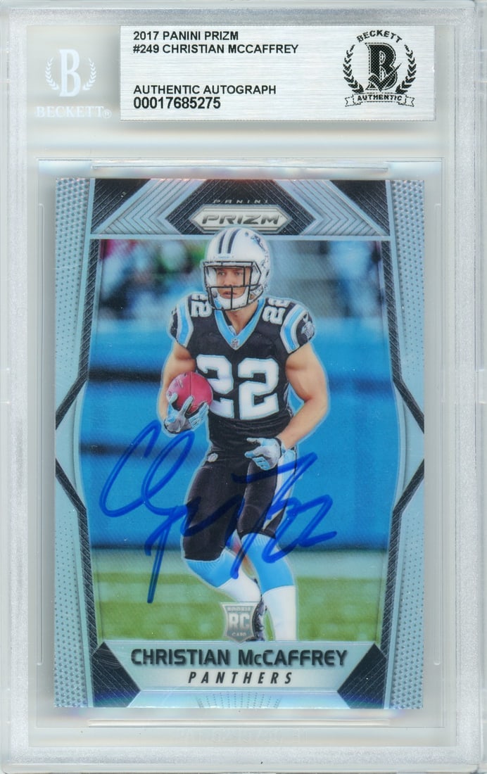 Christian McCaffrey 2017 Prizm Silver Rookie Autograph BGS #249 Panthers: Christian McCaffrey 2017 Prizm Silver Rookie Autograph BGS #249 Panthers This is a 2017 Panini Prizm Silver #249 Christian McCaffrey rookie card, featuring a hand-signed autograph by Christian McCaffr
