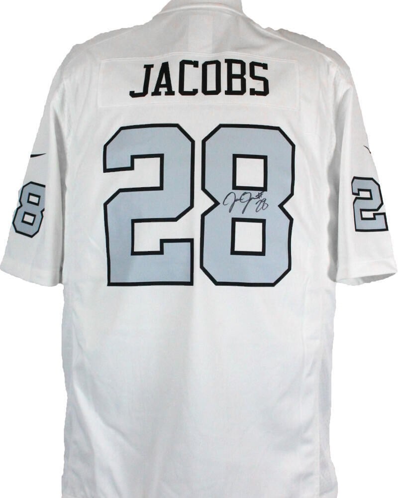 Signed Josh Jacobs Raiders Nike White Game Jersey Beckett Holo: Signed Josh Jacobs Raiders Nike White Game Jersey Beckett Holo Autographed Las Vegas Raiders white Nike Game Jersey signed by Josh Jacobs. The jersey is listed as original and is in pre-owned conditio