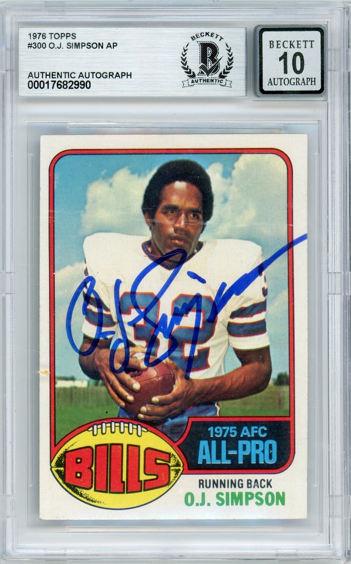 Autographed 1976 Topps 300 O.J. Simpson Bills card BGS 10: Autographed 1976 Topps 300 O.J. Simpson Bills card BGS 10 1976 Topps #300 O.J. Simpson Buffalo Bills sports trading card with autograph. The card is graded and identified as an original, vintage card 