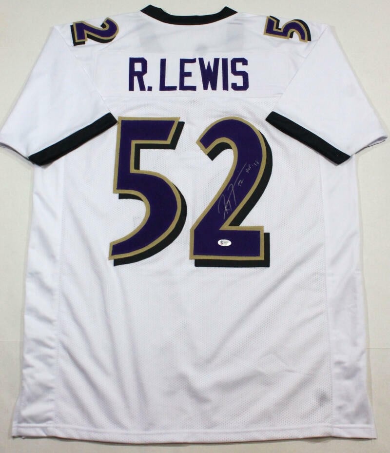 Beckett Authenticated Ray Lewis Signed White Ravens Jersey HOF Inscription (1 of 7)