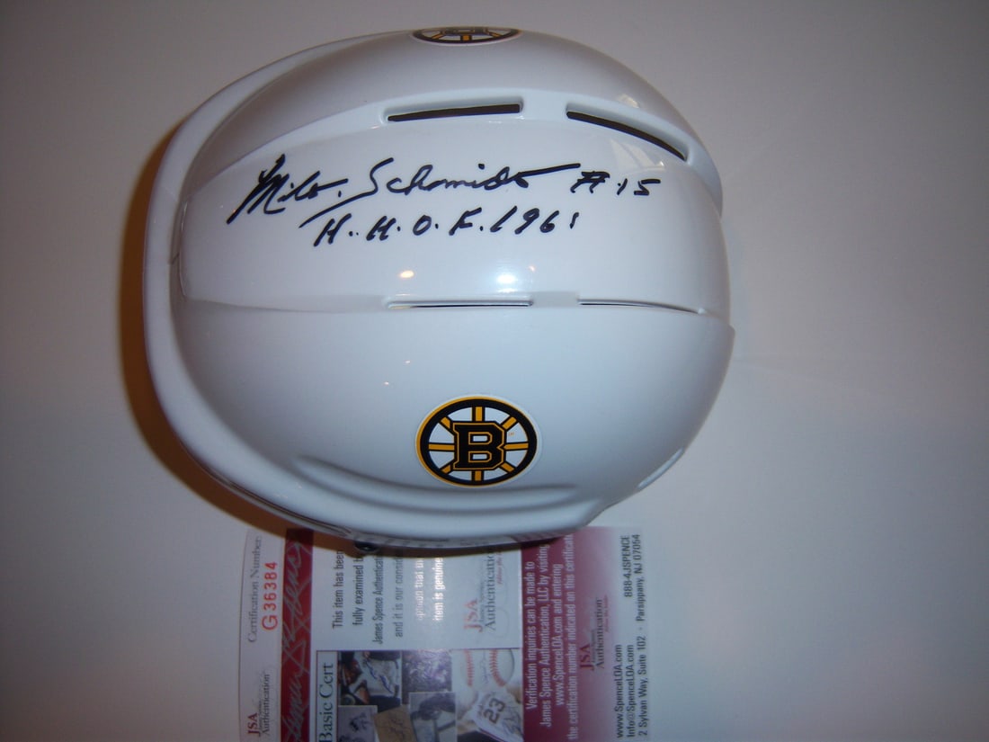 Milt Schmidt Signed Mini Helmet Boston Bruins JSA COA Hockey Collectible: Milt Schmidt Signed Mini Helmet Boston Bruins JSA COA Hockey Collectible This is an original mini helmet signed by hockey legend Milt Schmidt, an esteemed member of the Boston Bruins and a Hall of Fam
