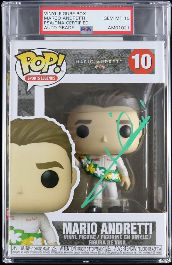 Mario Andretti Signed Funko Pop PSA/DNA AUTO 10 NASCAR Collectible: Mario Andretti Signed Funko Pop PSA/DNA AUTO 10 NASCAR Collectible Celebrate the legacy of racing with this Mario Andretti signed Funko Pop! This collectible item features the iconic signature of Mari