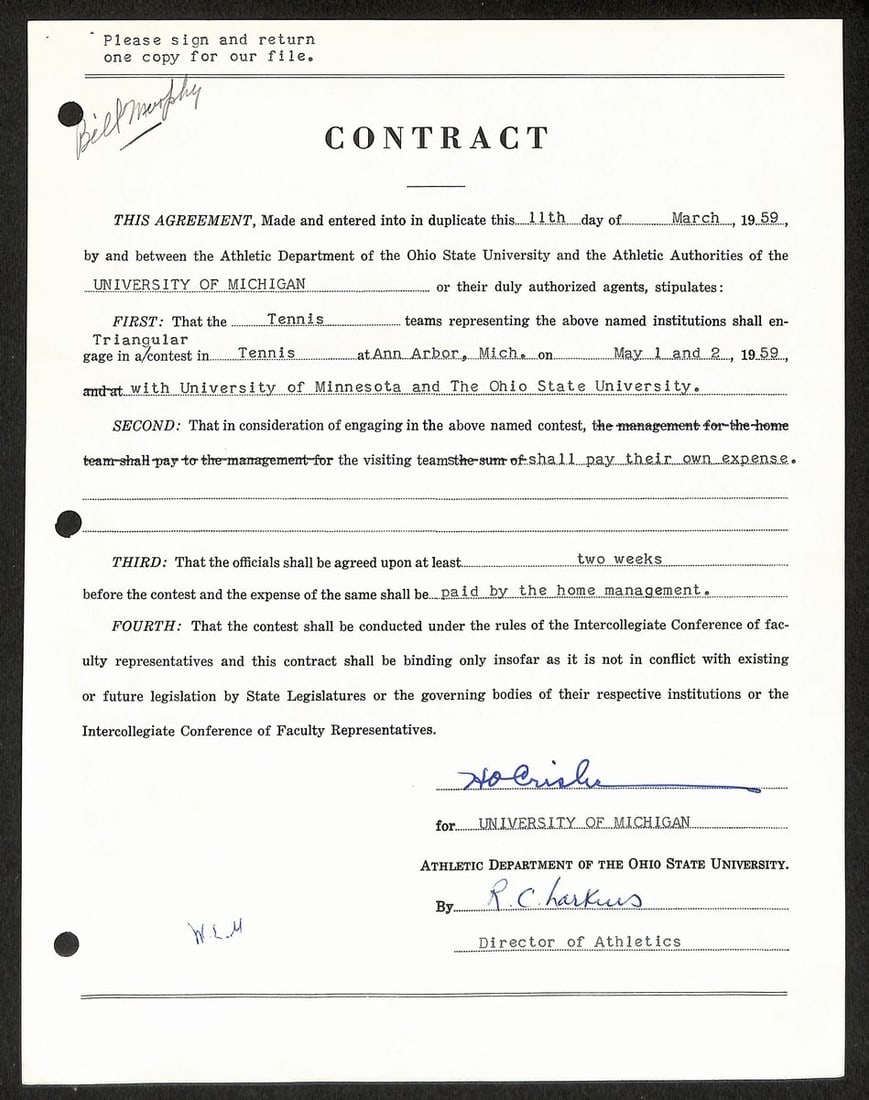 Fritz Crisler Michigan Football Coach Signed Contract PSA Authenticated: Fritz Crisler Michigan Football Coach Signed Contract PSA Authenticated This is an original contract signed by Fritz Crisler, the Hall of Fame head coach of the Michigan football team. The autograph o