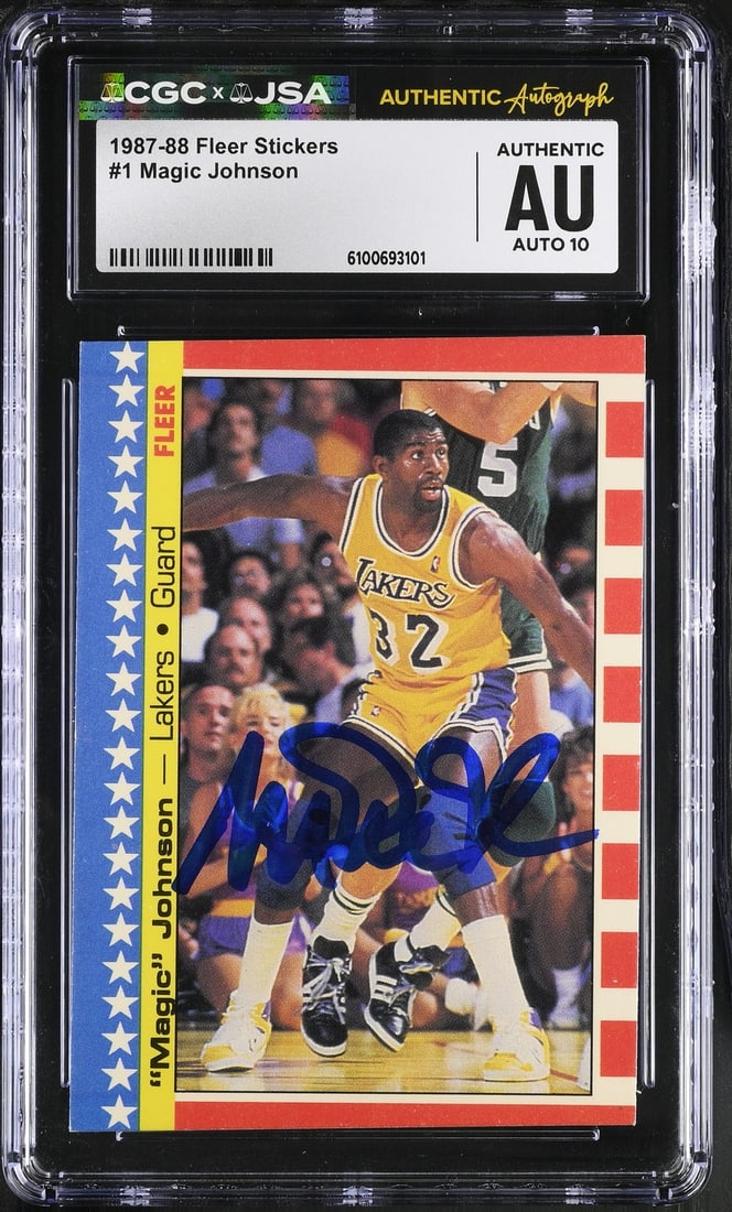 1987-88 Fleer Stickers Magic Johnson Signed Basketball Card CGC JSA 10: 1987-88 Fleer Stickers Magic Johnson Signed Basketball Card CGC JSA 10 This is an original Magic Johnson 1987-88 Fleer Stickers basketball card, card #1, featuring Magic Johnson's signature. The card 