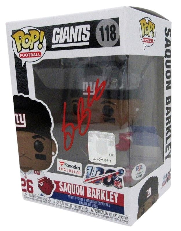 Funko Pop 118 Saquon Barkley Autographed Figure PSA DNA New York Giants: Funko Pop 118 Saquon Barkley Autographed Figure PSA DNA New York Giants This Saquon Barkley Funko Pop! #118 figurine features an authentic autograph from the renowned football player. Representing the