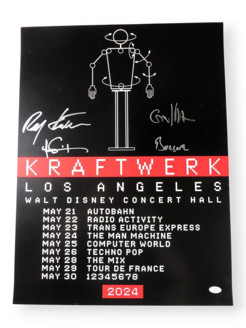 18X24 Kraftwerk autographed poster JSA with Ralf Hutter and 3 others: 18X24 Kraftwerk autographed poster JSA with Ralf Hutter and 3 others Original Kraftwerk 18x24 poster autographed by Ralf Hutter, Henning Schmitz, Falk Grieffenhagen, and Georg Bongartz. The item is au