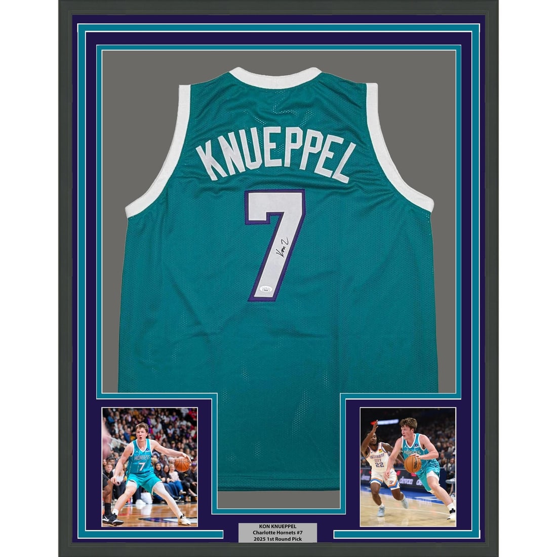 35x39 Framed Charlotte Hornets Teal Jersey Signed by Kon Knueppel JSA: 35x39 Framed Charlotte Hornets Teal Jersey Signed by Kon Knueppel JSA Professionally framed and matted autographed Charlotte Hornets teal jersey signed by Kon Knueppel. This original signed display in