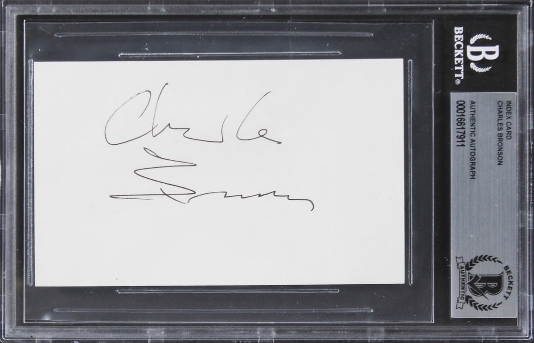 Charles Bronson signed 3x5 index card Beckett authenticated slabbed: Charles Bronson signed 3x5 index card Beckett authenticated slabbed Original 3x5 index card signed by Charles Bronson, associated with The Great Escape. The autograph has been authenticated by Beckett