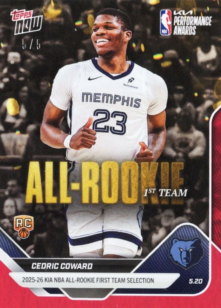 Cedric Coward 2025 Topps Now AR05 Red Foil Rookie Basketball Card (1 of 2)