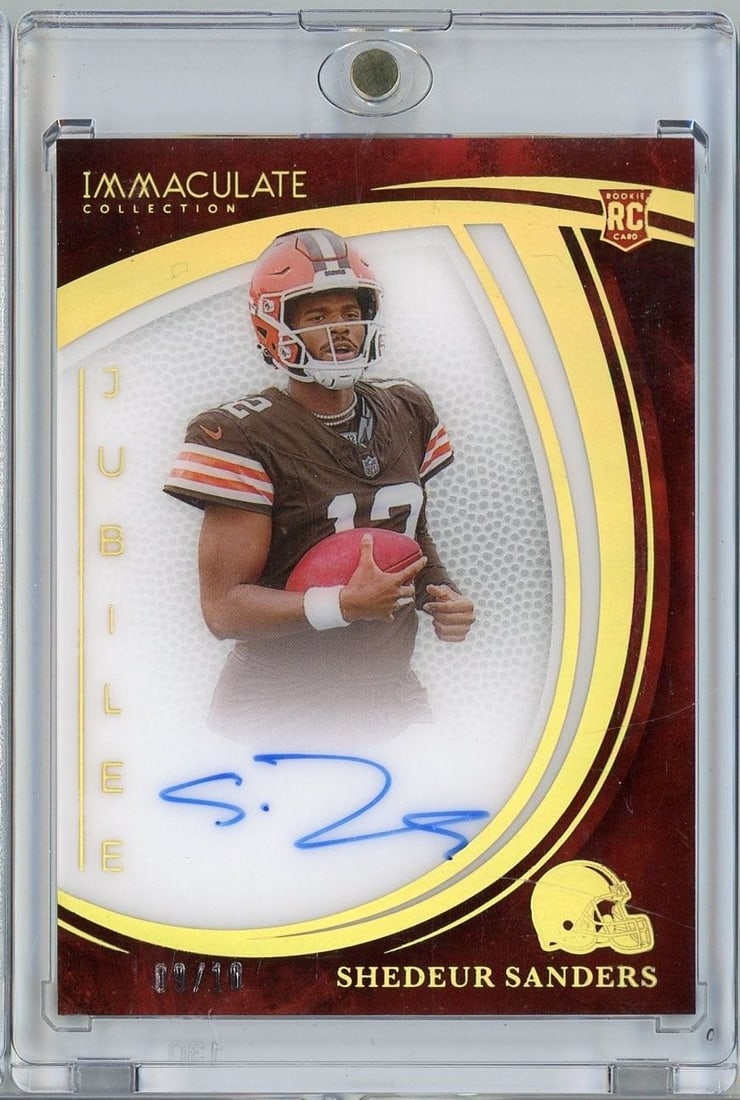 Shedeur Sanders Autographed 2025 Panini Immaculate Jubilee JSSSS /10 Rookie Card: Shedeur Sanders Autographed 2025 Panini Immaculate Jubilee JSSSS /10 Rookie Card 2025 Panini Immaculate Shedeur Sanders Jubilee Auto rookie football card featuring an on-card autograph and numbered /1