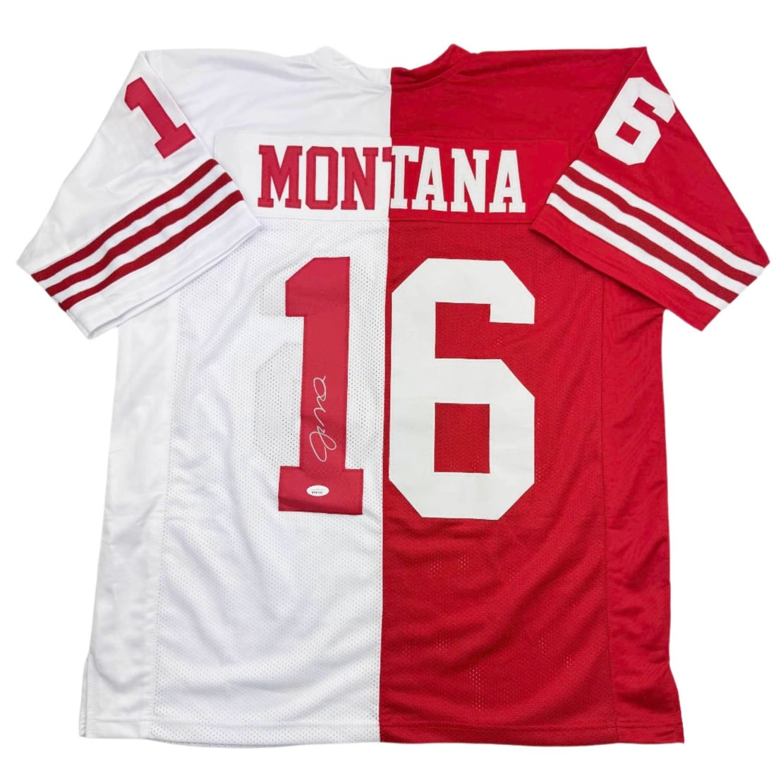 Joe Montana signed custom football jersey JSA authenticated: Joe Montana signed custom football jersey JSA authenticated Autographed Joe Montana split football jersey intended as a collectible display piece. This original signed custom jersey features the playe