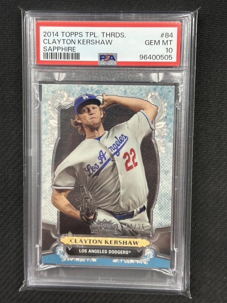 Clayton Kershaw 2014 Topps Triple Threads Sapphire PSA 10 Dodgers Card #84: Clayton Kershaw 2014 Topps Triple Threads Sapphire PSA 10 Dodgers Card #84 This is a 2014 Topps Triple Threads Sapphire Baseball Card featuring Clayton Kershaw, a prominent player for the Los Angeles 