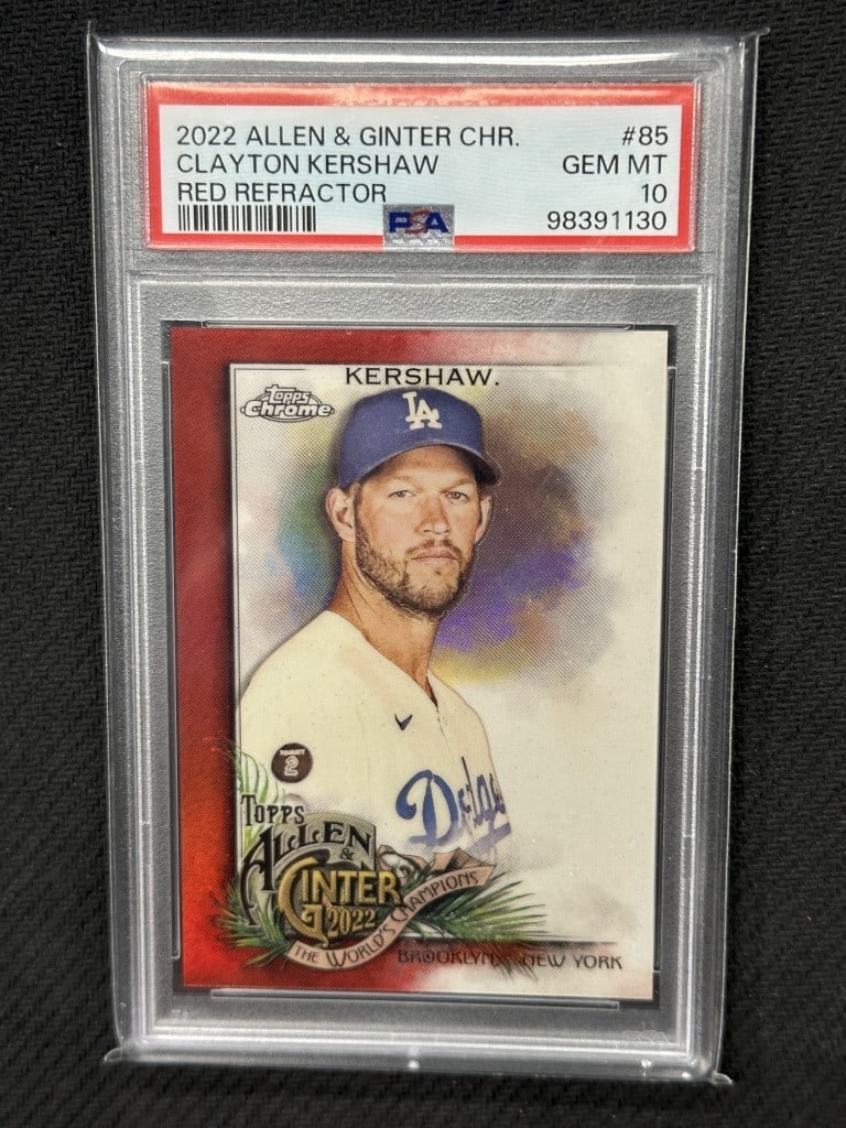 Clayton Kershaw 2022 Allen & Ginter Chrome Red Refractor PSA 10 Dodgers Card #85: Clayton Kershaw 2022 Allen & Ginter Chrome Red Refractor PSA 10 Dodgers Card #85 This is a highly collectible Clayton Kershaw 2022 Allen & Ginter Chrome Red Refractor Baseball Card, graded a perfect P