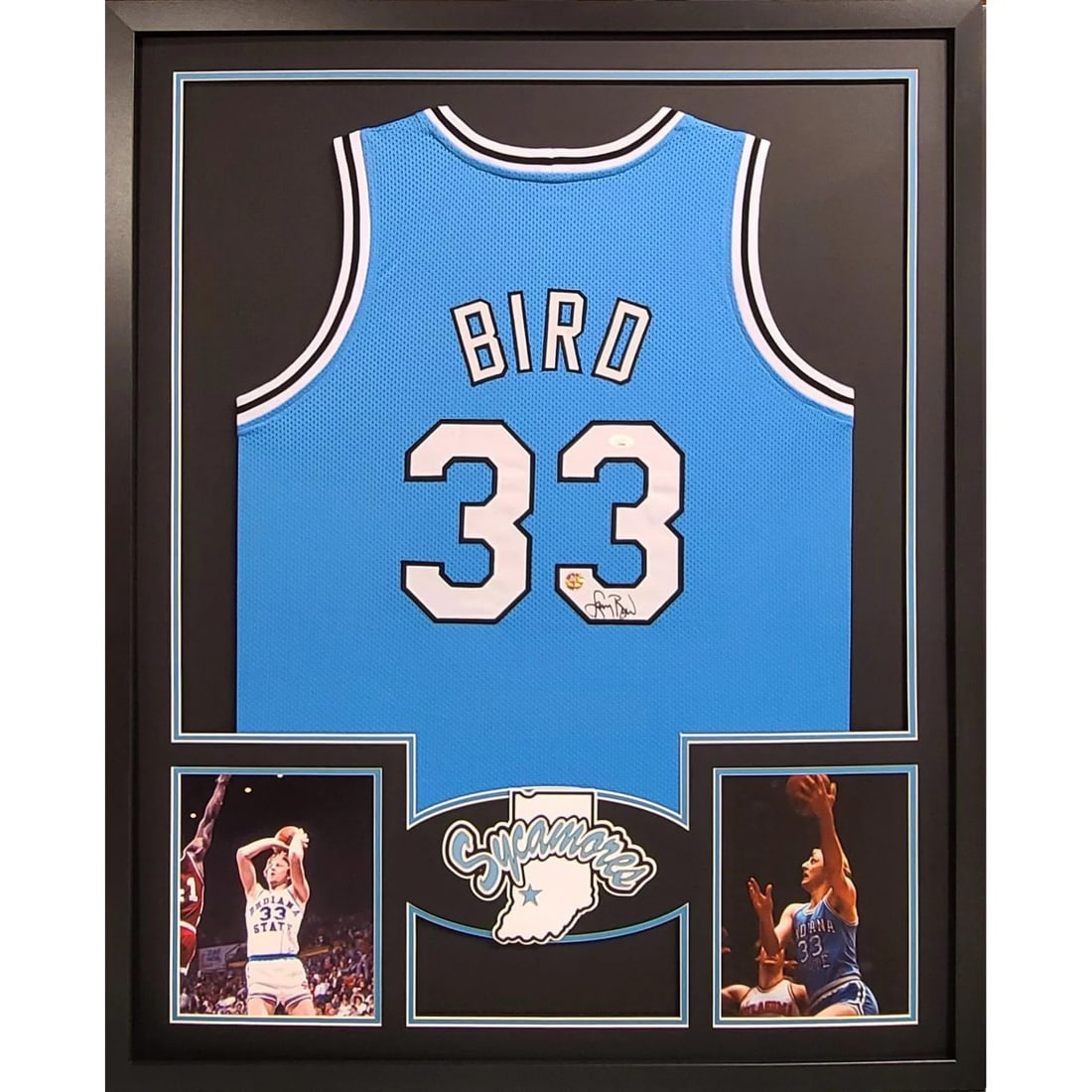 Framed Larry Bird Autographed Indiana State Jersey with JSA Certification (1 of 3)