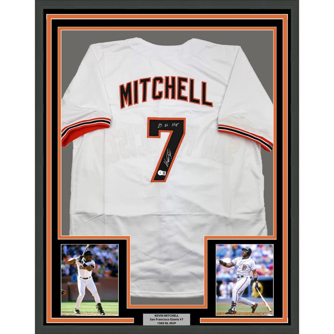 Kevin Mitchell signed framed white baseball jersey JSA 35x39: Kevin Mitchell signed framed white baseball jersey JSA 35x39 Professionally framed and matted white Kevin Mitchell jersey signed with "89 MVP." This original autographed baseball display includes two 