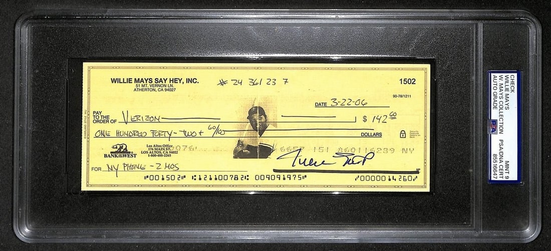 2006 Willie Mays HOF autographed bank check PSA DNA Mint 9: 2006 Willie Mays HOF autographed bank check PSA DNA Mint 9 Original 2006 bank check signed by Willie Mays, Hall of Famer. The autograph is authenticated by PSA/DNA, graded MINT 9, and encapsulated in 