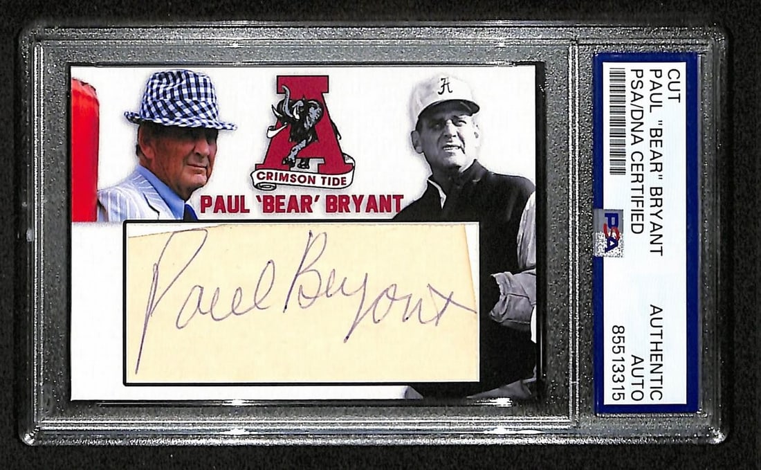 Custom 3.5x2.5 Card Signed by Paul "Bear" Bryant Alabama PSA/DNA Authenticated: Custom 3.5x2.5 Card Signed by Paul "Bear" Bryant Alabama PSA/DNA Authenticated This is an original 3.5 x 2.5 inch custom card featuring a cut signature of Paul "Bear" Bryant, the legendary Alabama foo