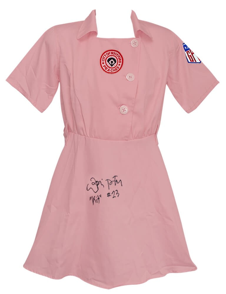 Lori Petty Signed Rockford Peaches Jersey with Kit Inscription: Lori Petty Signed Rockford Peaches Jersey with Kit Inscription This original, pre-owned Rockford Peaches pink costume baseball jersey is signed by Lori Petty, featuring the character name 'Kit' inscri