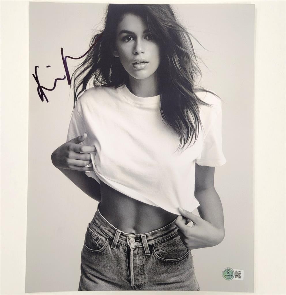 11x14 Photograph Autographed by Kaia Gerber Beckett Authenticated: 11x14 Photograph Autographed by Kaia Gerber Beckett Authenticated This is an original 11x14 photograph signed by actress and model Kaia Gerber. The autograph has been authenticated by Beckett. The ite