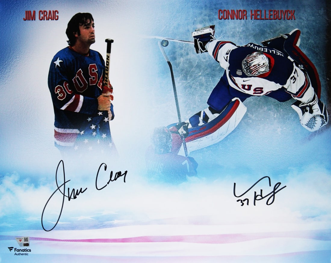 Fanatics Team USA 16x20 Photo Signed by Jim Craig and Connor Hellebuyck (1 of 2)