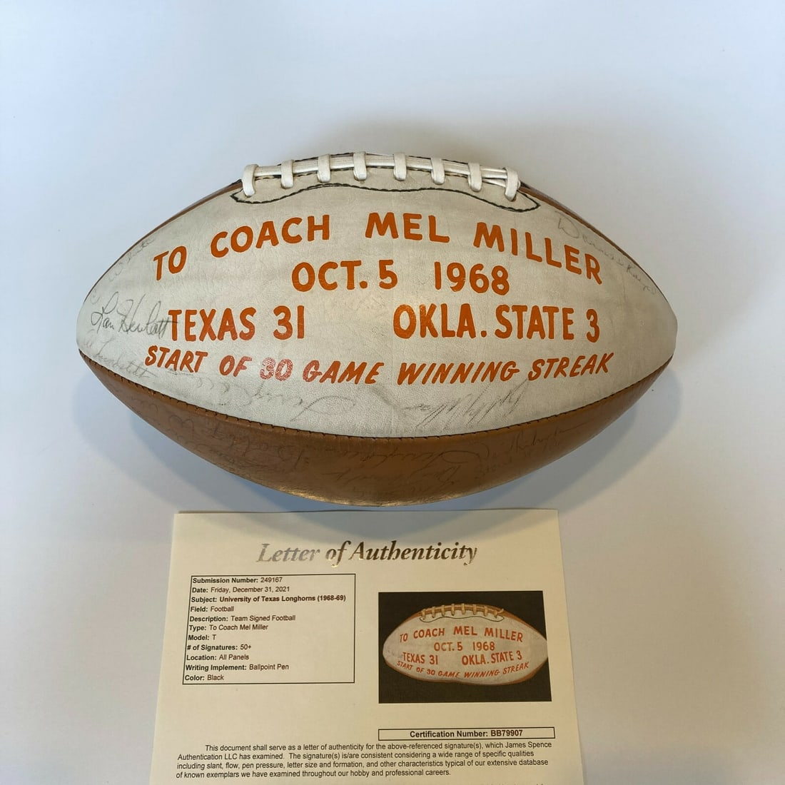 1969 Texas Longhorns Team Signed Football 50+ Sigs JSA COA: 1969 Texas Longhorns Team Signed Football 50+ Sigs JSA COA This original 1969 Texas Longhorns National Champions football is a remarkable piece of sports memorabilia, featuring over 50 signatures from