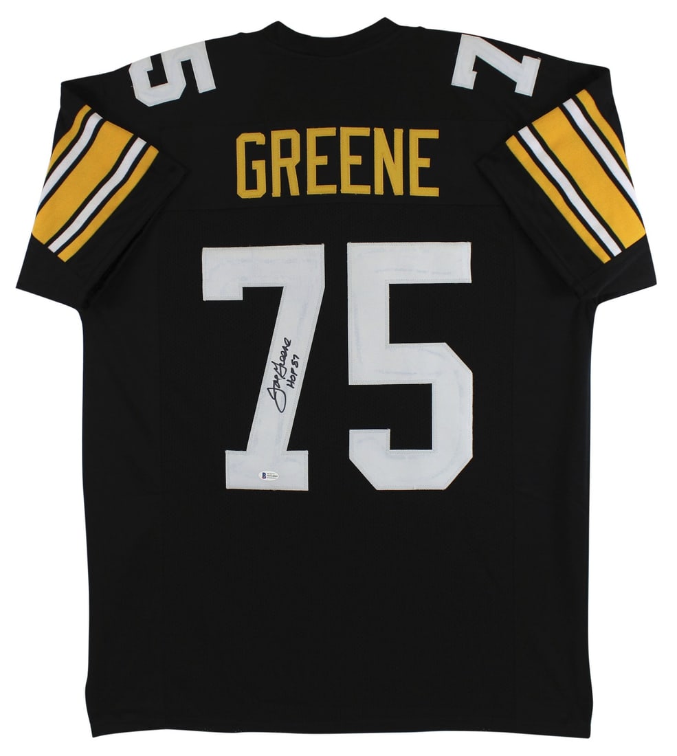 Beckett Witnessed Joe Greene Signed Steelers Black Jersey HOF 87: Beckett Witnessed Joe Greene Signed Steelers Black Jersey HOF 87 Authentic signed black pro style jersey personally autographed by Joe Greene and inscribed "HOF 87." This BAS Witnessed item is a stock
