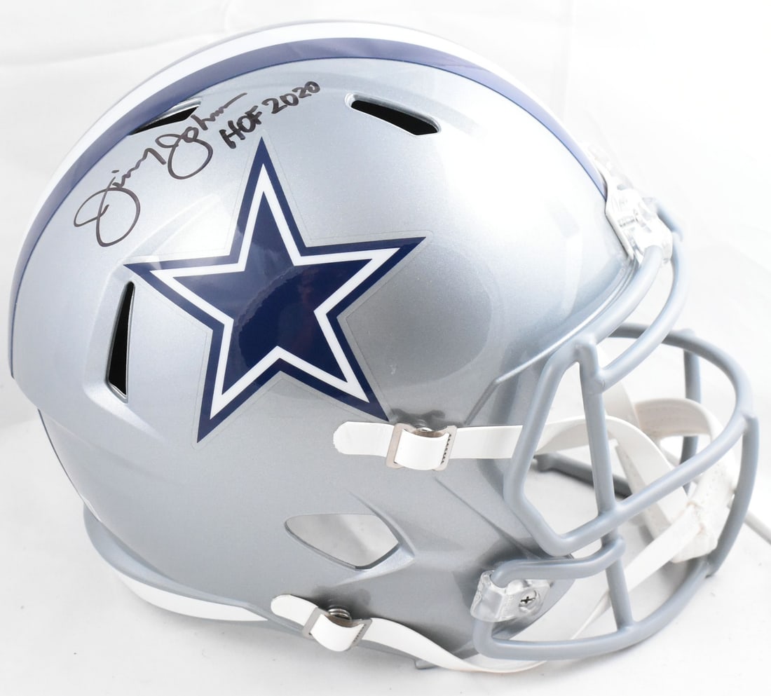 Dallas Cowboys full size speed helmet signed by Jimmy Johnson Beckett hologram: Dallas Cowboys full size speed helmet signed by Jimmy Johnson Beckett hologram This is a pre-owned Dallas Cowboys full-size Speed helmet signed by Jimmy Johnson. The helmet features a Hall of Fame ins