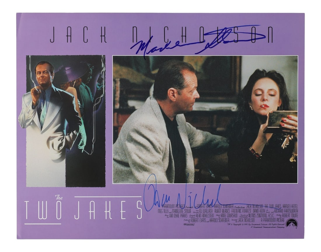 Jack Nicholson Madeleine Stowe Signed The Two Jakes 11x14 Lobby Card PSA: Jack Nicholson Madeleine Stowe Signed The Two Jakes 11x14 Lobby Card PSA This offering features a dual-signed 11 x 14 lobby card from the 1990 film "The Two Jakes," starring Jack Nicholson and Madelei
