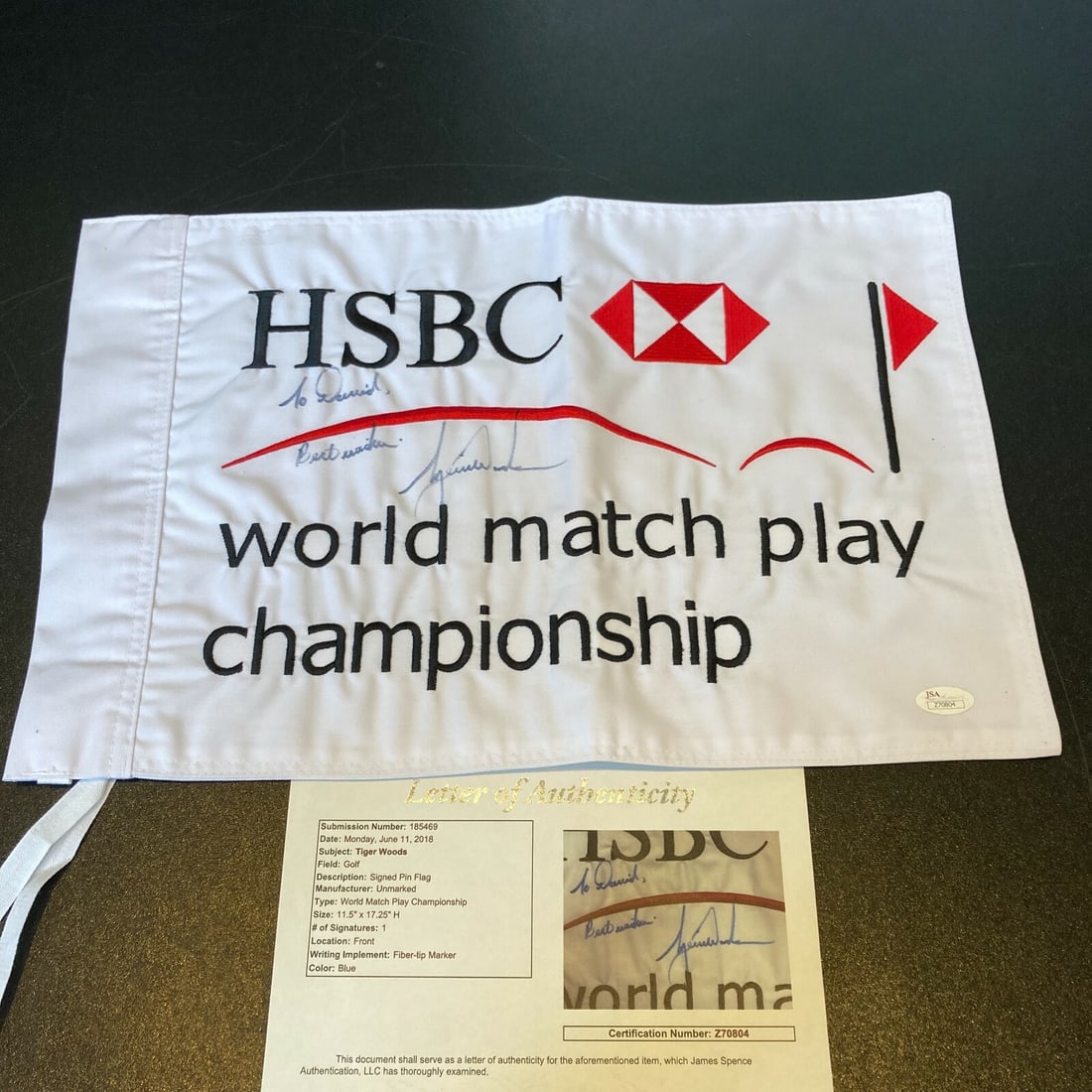 Tiger Woods Signed HSBC World Match Play Flag with JSA COA: Tiger Woods Signed HSBC World Match Play Flag with JSA COA This is an original Tiger Woods signed flag from the HSBC World Match Play Championship, featuring a JSA Certificate of Authenticity (COA). T