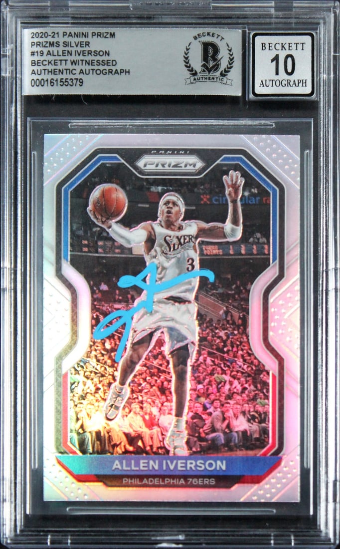 Allen Iverson Signed 2020 Panini Prizm Silver #19 Card Gem Mint 10 BAS: Allen Iverson Signed 2020 Panini Prizm Silver #19 Card Gem Mint 10 BAS This 2020 Panini Prizm Silver #19 card features a stunning autograph from Allen Iverson, a legend of the Philadelphia 76ers. Grad