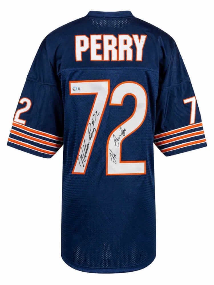 Chicago Bears William Perry Autographed Throwback Jersey The Fridge: Chicago Bears William Perry Autographed Throwback Jersey The Fridge Pre-owned custom football jersey signed by William Perry and inscribed "The Fridge." This navy throwback style jersey represents the